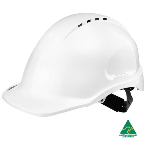 Maxiguard White Vented Hard Hat, sliplock harness