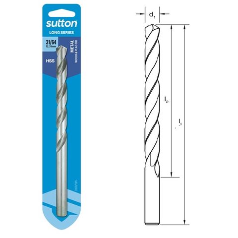 31/64 x 197mm Long Series Drill HSS Carded