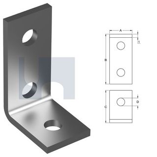 H1458 - 90mm x 57mm x 40mm x 6mm Angle Fitting 90 deg (3 Hole M12) Galvanised