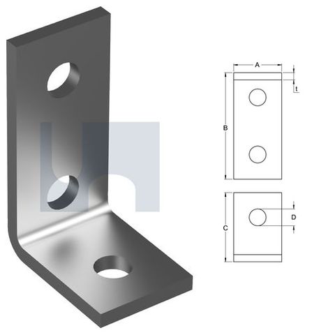 H1458 - 90mm x 57mm x 40mm x 6mm Angle Fitting 90 deg (3 Hole M12) Galvanised
