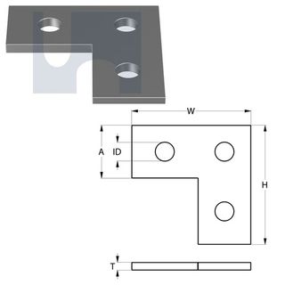 H1036 - 90mm x 41mm x 6mm 90 deg Corner Flat Plate (3 Hole M12) Galvanised