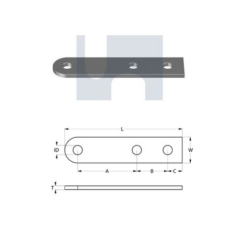 H2324 - 181mm x 41mm x 6mm Flat Plate Round End (3 Hole M12) Galvanised