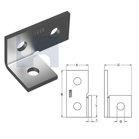 H1038 - 90mm x 51mm x 40mm x 6mm Angle Fitting 90 deg (3 Hole M12) Galvanised