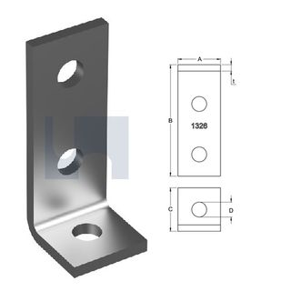 H1326 - 105mm x 41mm x 40mm x 6mm Angle Fitting 90 deg (3 Hole M12) Galvanised