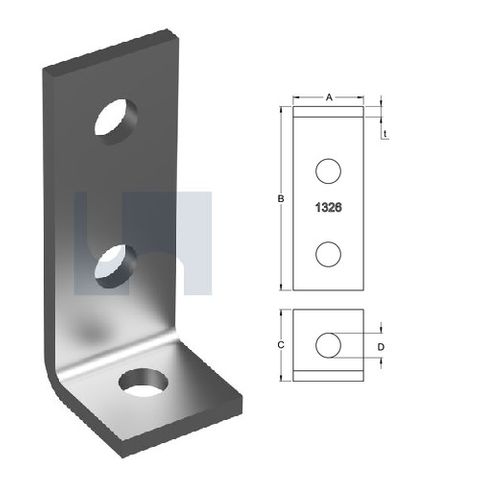 H1326 - 105mm x 41mm x 40mm x 6mm Angle Fitting 90 deg (3 Hole M12) Galvanised