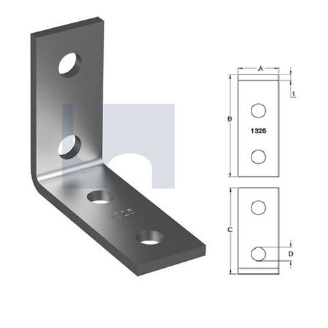 H1325 - 105mm x 90mm x 40mm x 6mm Angle Fitting 90 deg (4 Hole M12) Galvanised