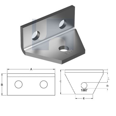 H1357 - 90mm x 57mm x 40mm x 6mm Angle Fitting 90 deg (3 Hole M12) Galvanised