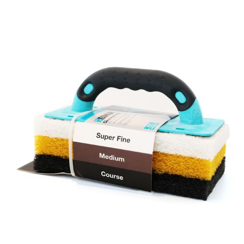 4PC SCOURING PAD SET (INCLUDES PLASTIC VELCRO HANDLE & 1 EA FINE/MED/COURSE PADS)