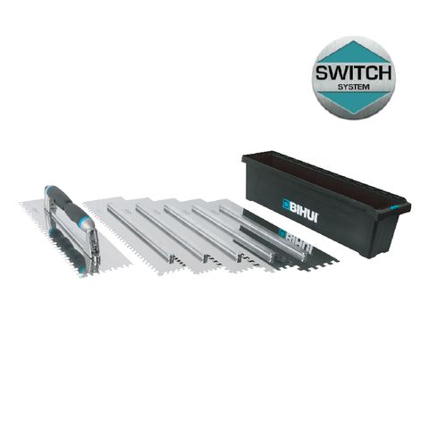 9 PCS SWITCHABLE JUMBO TROWEL SET, 2 -SWITCHABLE SOFT HANDLES, 6 STAINLESS STEEL BLADES, 1/4", 5/16", 3/8", 1/2" SQUARE NOTCHES, DIAGONAL & TIGER NOTCH BLADES