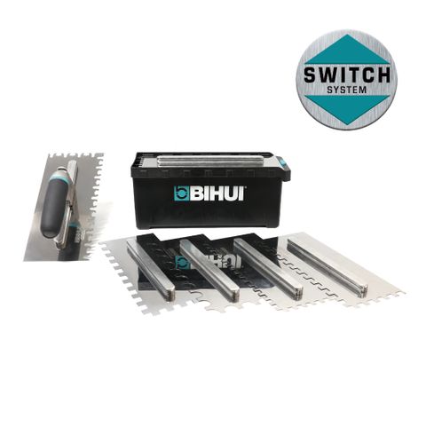 8 PCS SWITCHABLE TROWEL SET, 1 -SWITCHABLE SOFT HANDLE, 6 STAINLESS STEEL BLADES, 1/4", 5/16", 3/8", 1/2" SQUARE NOTCHES, 3/8" X 1/2" ROUND NOTCH & TIGER NOTCH BLADES