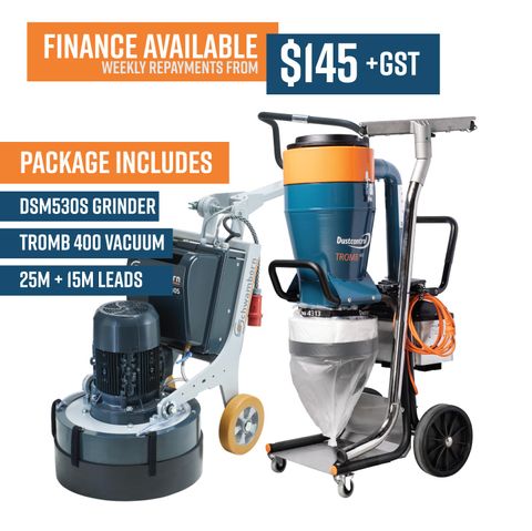 Three phase Starter Package, includes DSM530s Planetary Three phase COncrete floor grinder and Dustcontrol DC400L Tromb Vacuum + extension leads