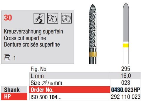 Carbide Bur 0430.023HP Cross Cut Superfine