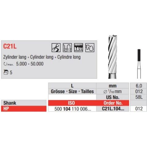 Tungsten Carbide Bur Fig 21L.012HP Long 5pcs