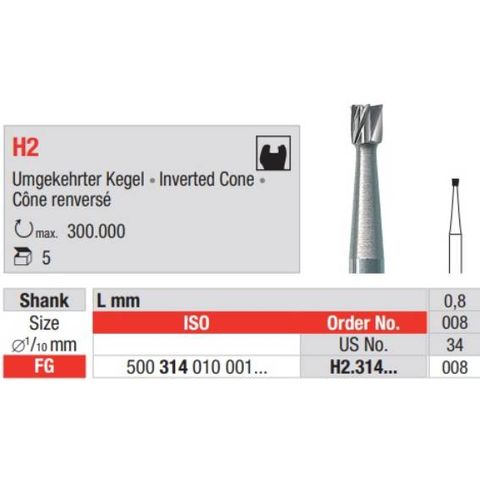 Tungsten Carbide Bur Fig 2.008 FG 5pcs Inverted Cone