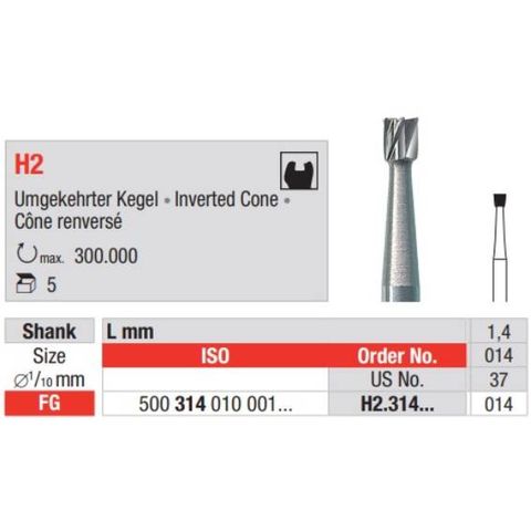 Tungsten Carbide Bur Fig 2.014 FG 5pcs Inverted Cone