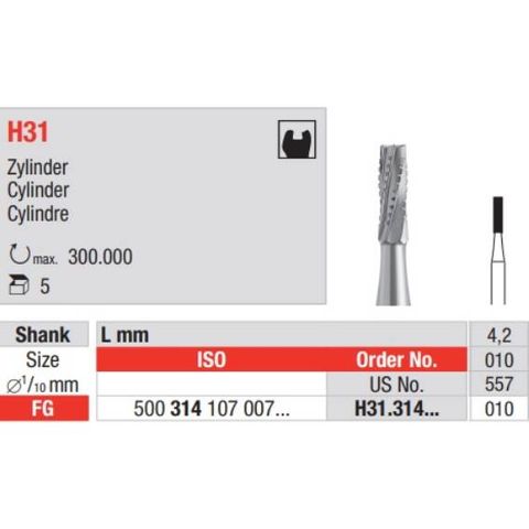 Tungsten Carbide Bur Fig 31.010 FG 5pcs Cylinder