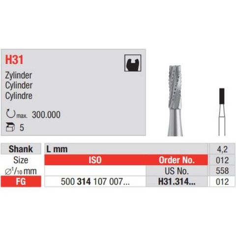 Tungsten Carbide Bur Fig 31.012 FG 5pcs Cylinder
