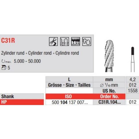 Tungsten Carbide Bur Fig 31.012HP Round 5pcs