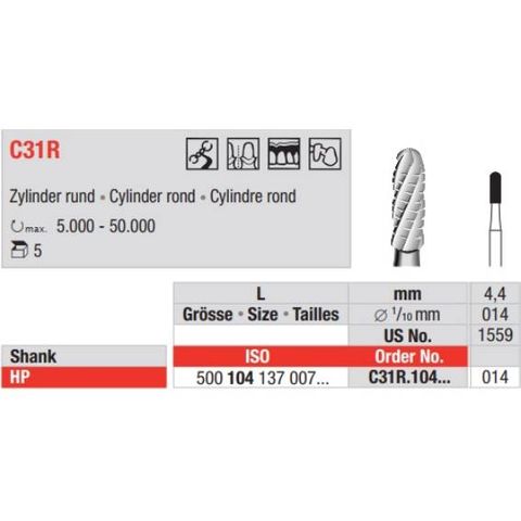 Tungsten Carbide Bur Fig 31.014HP Round 6pcs