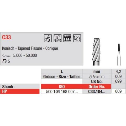 Tungsten Carbide Bur Fig 33.009HP 5pcs