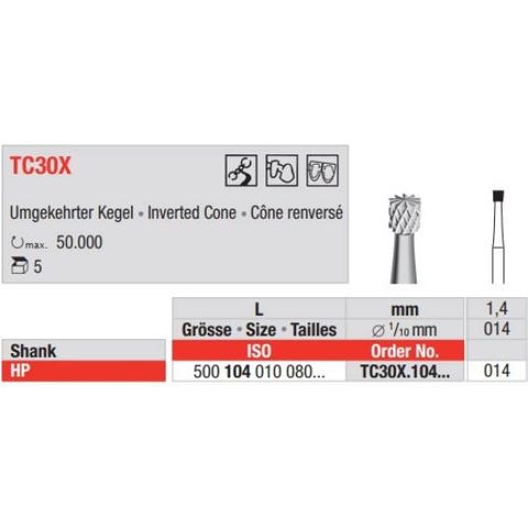 Tungsten Carbide Bur Fig 30X.008 HP 5pcs