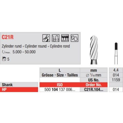 Tungsten Carbide Bur Fig 21.014HP Round 5pcs