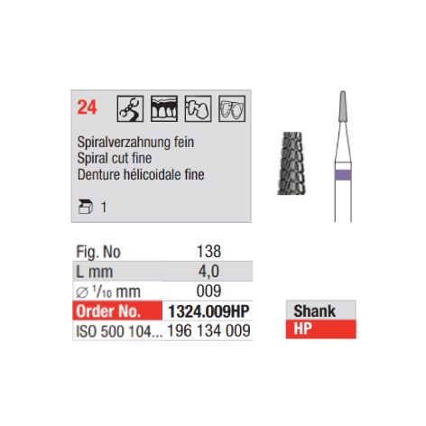 Carbide Bur 1324.009HP Spiral Cut Fine