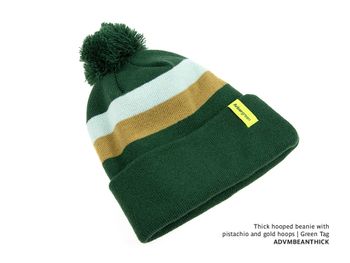 Thick hooped beanie with pistachio and gold hoops. Green Tag.