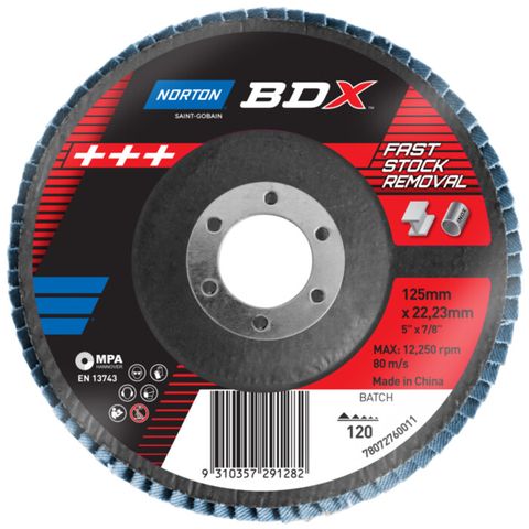 Norton BDX Flap Discs. Grit 120. Size: 125 x 22 mm