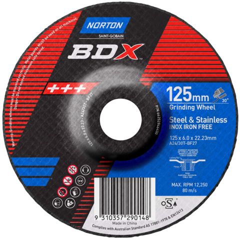 Norton BDX Grinding Discs. For Steel & Sainless. Size: 125 x 6.0 x 22.23 mm