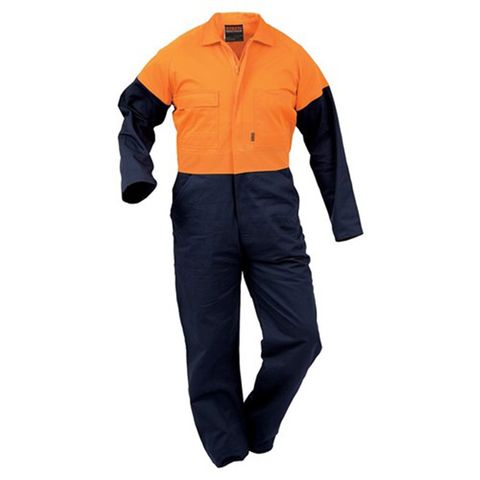 Bison Overall Workzone Cotton. Day Only.  Size 122R (14). Orange/Navy