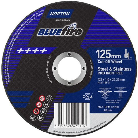 Norton Bluefire Cutting Discs. For Sainless Steel. Size: 125 x 1.0 x 22.23 mm