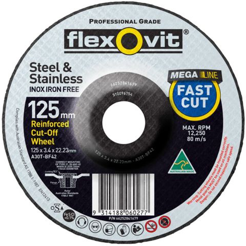 Flexovit Mega Line Fast Cut. INOX. Iron Free. Size:125 x 3.4 x 22.23 mm