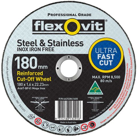 Flexovit Ultra Thin. Steel & Stainless. Iron free. Size: 180 x 1.6 x 22.23 mm