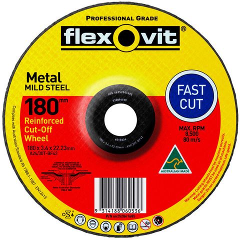 Flexovit Fast Cutting (Type 42). General Purpose. Size: 180 x 3.4 x 22.23 mm