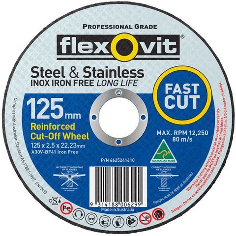 Flexovit Fast Cutting. Steel & Stainless. Iron free. Size: 125 x 2.5 x 22.23 mm