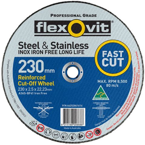 Flexovit Fast Cutting. Steel & Stainless. Iron free. Size: 230 x 2.5 x 22.23 mm