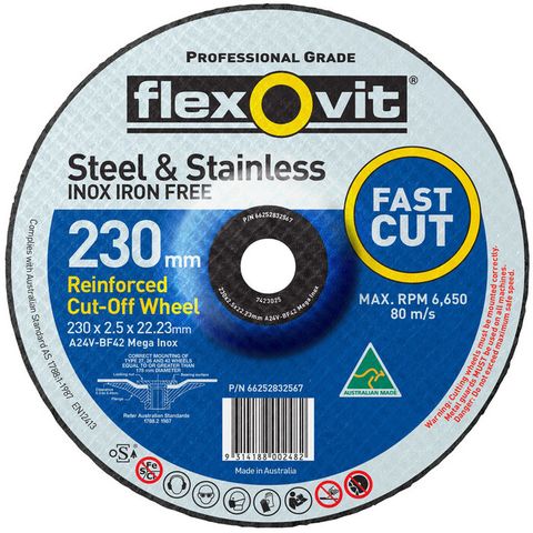Flexovit Fast Cutting (Type 42). Steel & Stainless. Size:230 x 2.5 x 22.23 mm