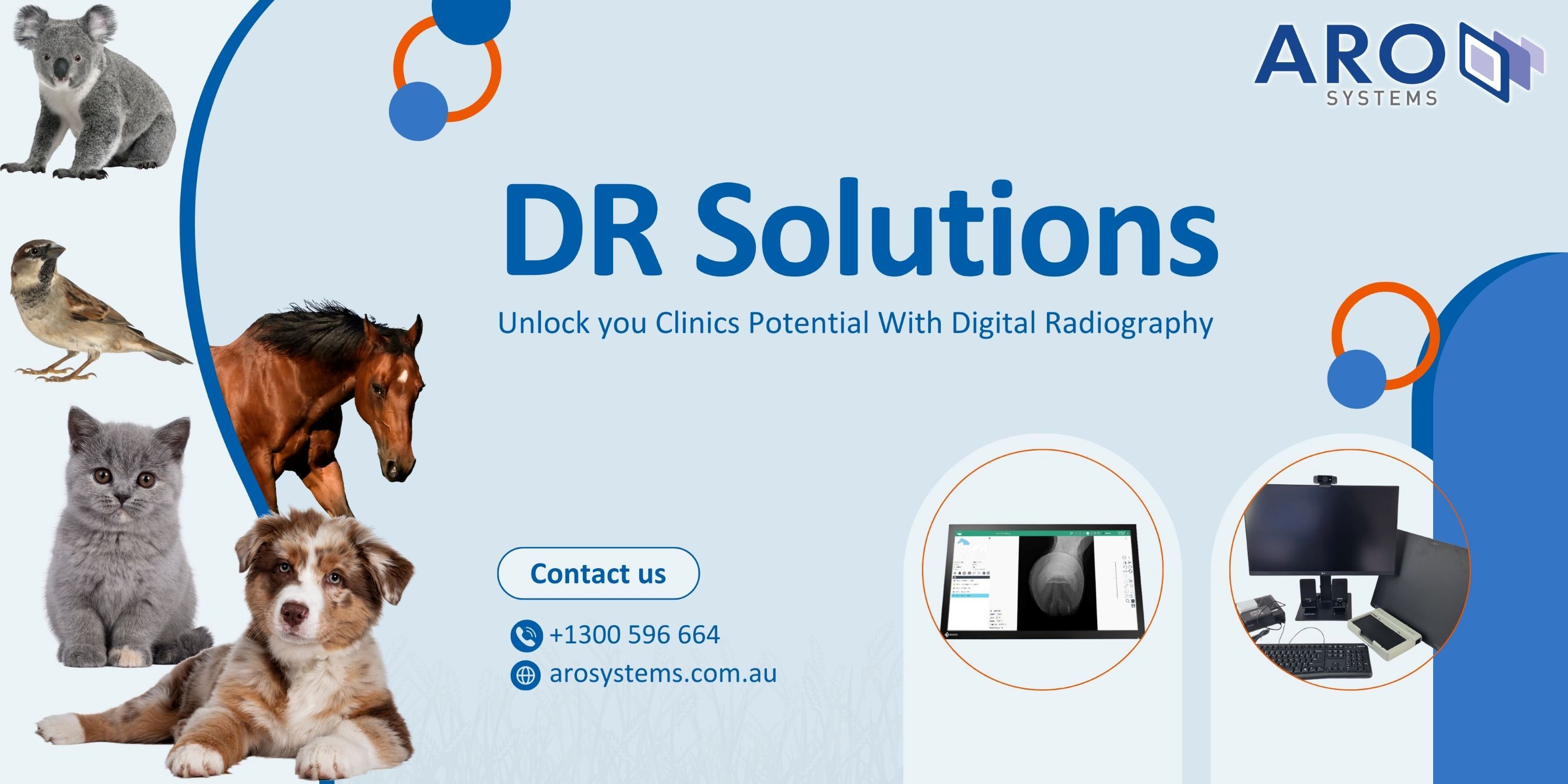 ARO PL Digital Radiography Solutions Banner with animals and DR panels and Systems