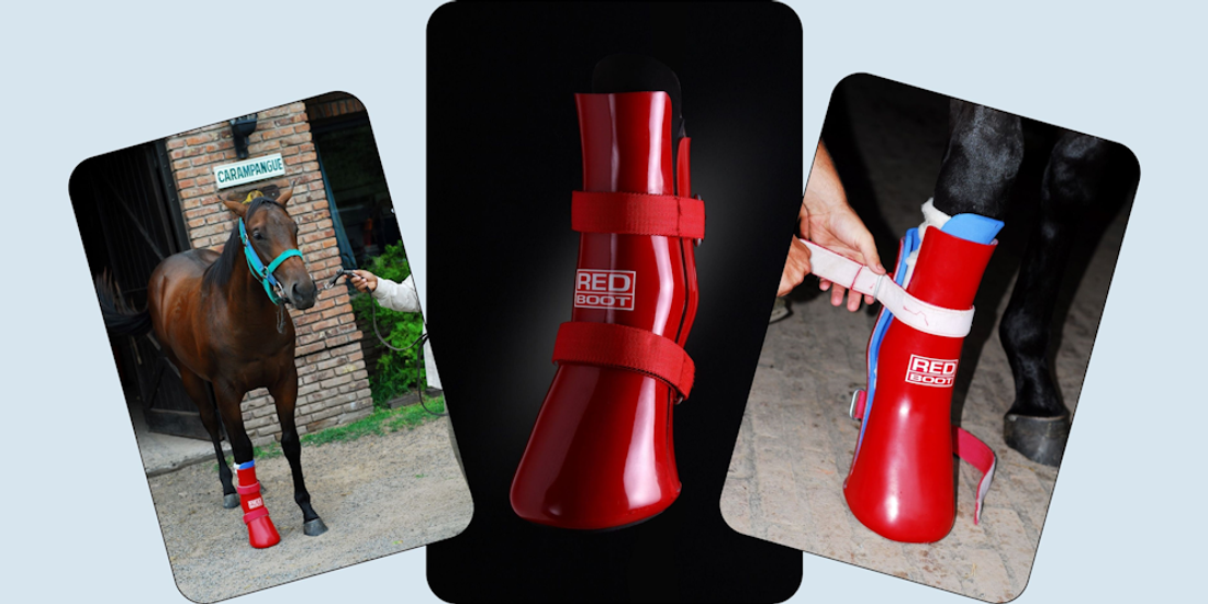 A collage of the Redboot in use on horse