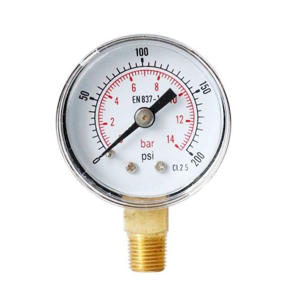 Pressure Gauge, 200psi/14 Bar, 40mm Dial, 1/8" BSPT, Bottom Mount
