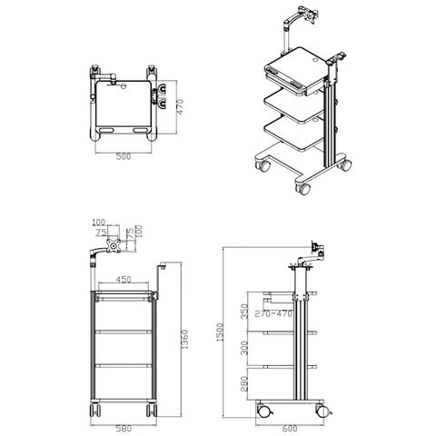 Mobile Cart with Adjustable Shelves and Endoscopy Pole & Rack