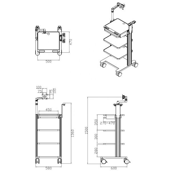 Mobile Cart with Adjustable Shelves and Endoscopy Pole & Rack