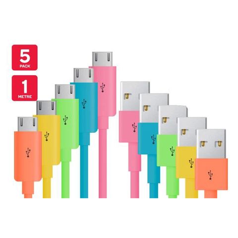 USB to Micro USB Cable - Multi Colour, 5 Pack