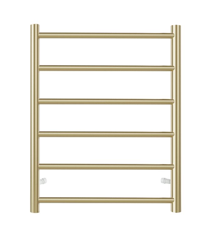 Round Stainless Steel Brushed Gold Electric Heated Towel Rack 6 Bars Universal Inlet