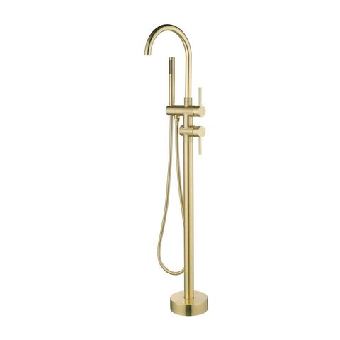 Vetto Brushed Gold Floor Standing Mixer Tap With Divertor and Hot/Cold Switch Fully Brass Built