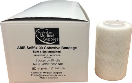 Bandage, AMS Solofix 8cm x 4m Cohesive Elastic Bandage White 'Latex Free'  for fixing wound dressings; air permeable, non-slip, with woven edges and can be sterilised by gas.  (39% Viscose / 61% Polyamide)