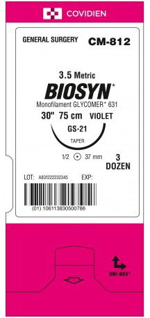Suture, Biosyn 0 Violet 1/2 Circle 37mm Needle 75mm Length Monofilament Synthetic Absorbable Suture Taper Point