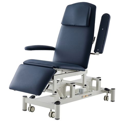 Multi Purpose Podiatry Chair Navy with Gas Lift Leg and Back Section. Electric height adjustment & seat tilt by controls. Removable Arm rests with backrest drop to full horizontal position. Debris tray included. Working weight 250kg