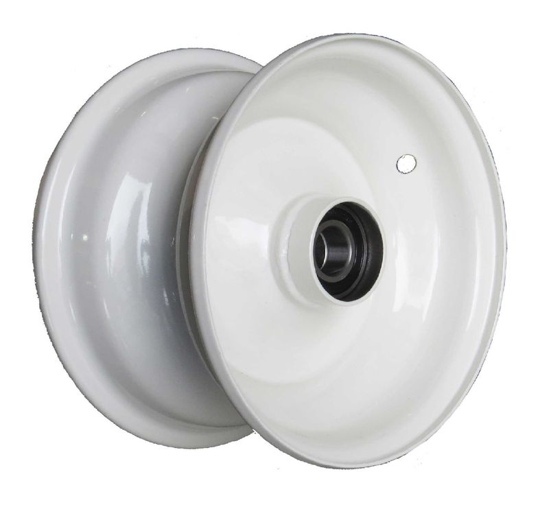 8"x3.75" White Steel Rim, 52mm Bore, 85mm Hub Length, 52mm x 25mm High Speed Bearings